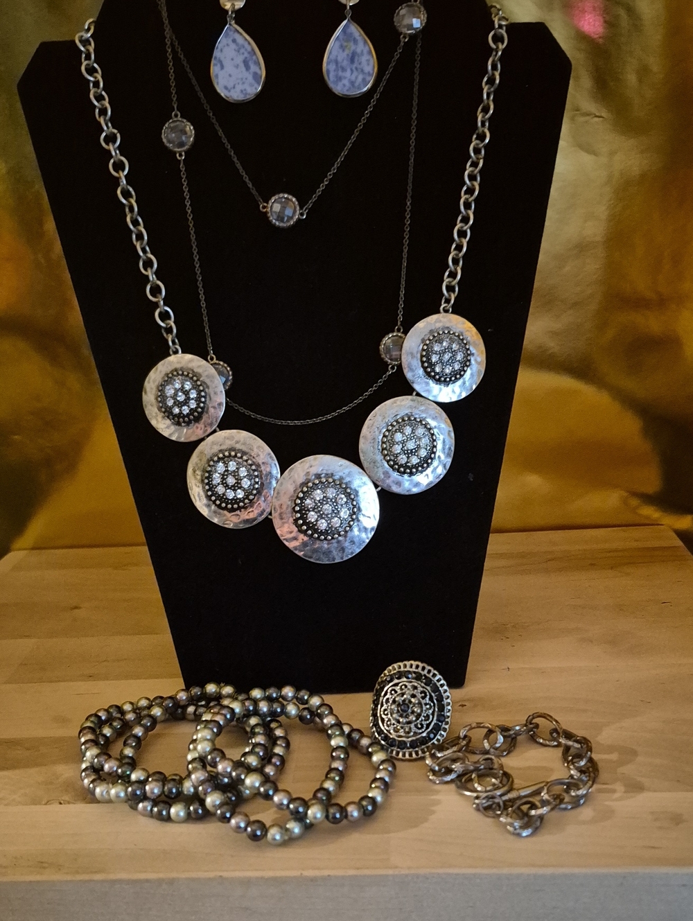 Silver-Tone Hammered Disc Necklace with Decorative Centers